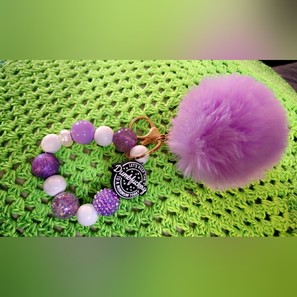 Vibrant Purple and White Beaded Keychain with Pom Pom